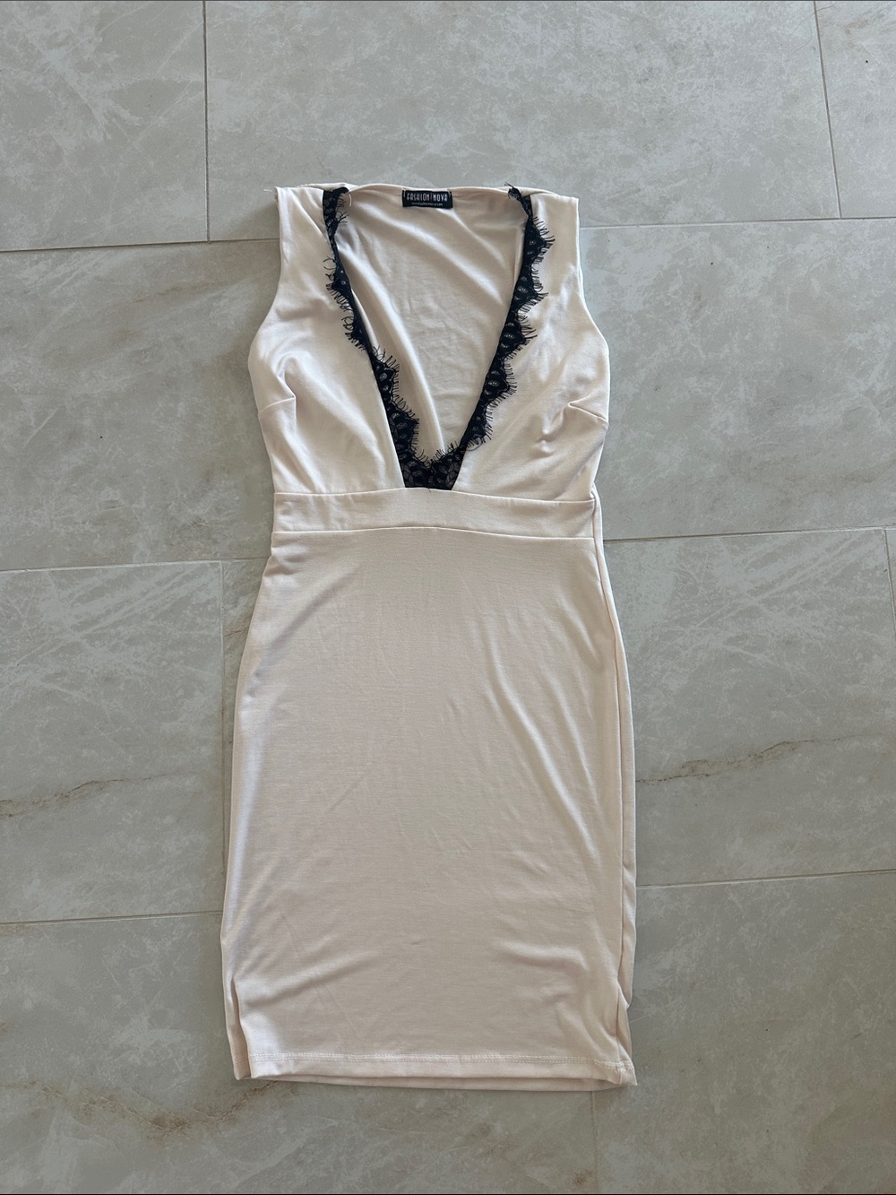 Fashion Nova Cream Mini Dress with Black Lace Trim